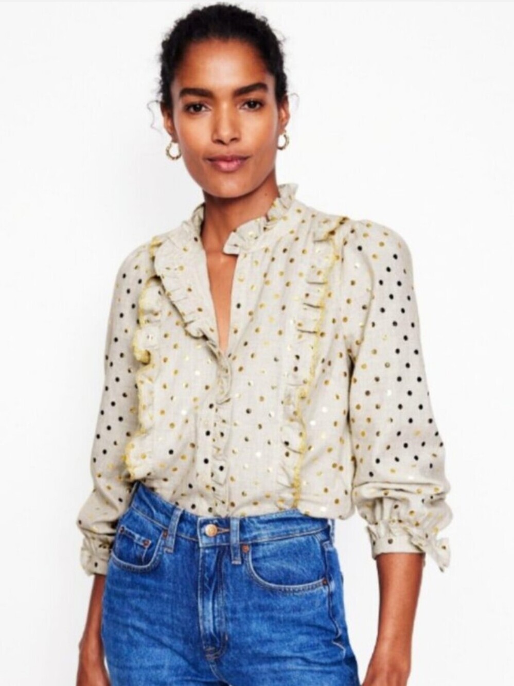 Boden Isla Frill Detail Blouse Womens Size 12 Gold Metallic Ruffled Top NWOT